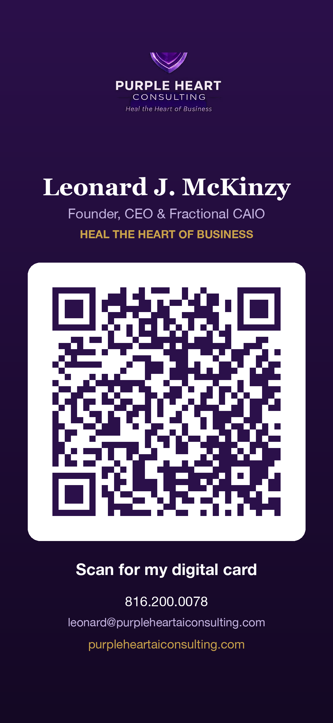 Leonard J. McKinzy | Purple Heart AI Consulting QR code: scan to open this card